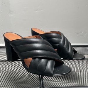 Madison Los Angeles Cross Strap Black Leather Block Heel Mules